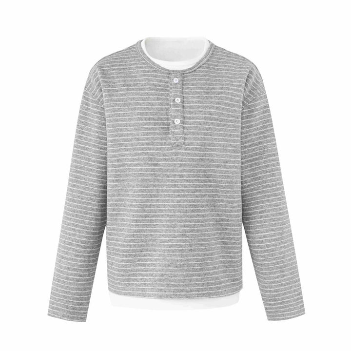 Damen Gestreiftes Langarm-Henley-Shirt mit Knopfleiste und Lagenlook Drune