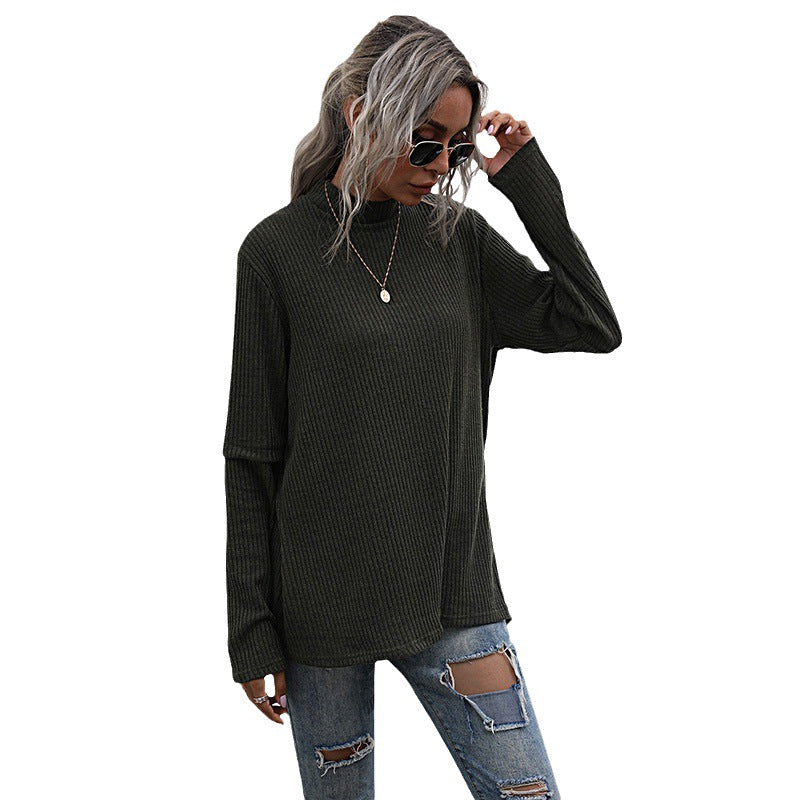 Damen Oversize Waffelstrick-Pullover mit Stehkragen und verlängerten Ärmeln Drune
