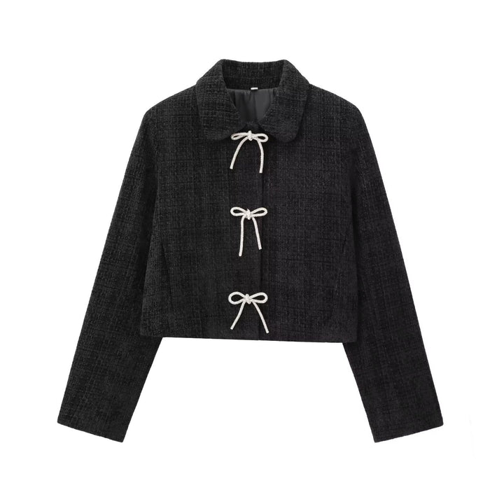 Damen Kurze Bouclé‑Tweed‑Jacke mit Peter‑Pan‑Kragen und dekorativen Schleifenverschlüssen Drune