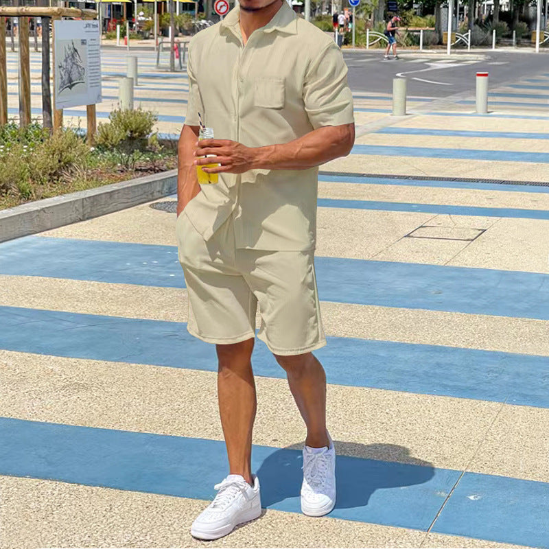 Herren nan legeres Resort-Zweiteiler mit offenem Kurzarm-Hemd, Brusttasche und elastischer Bermuda Drune