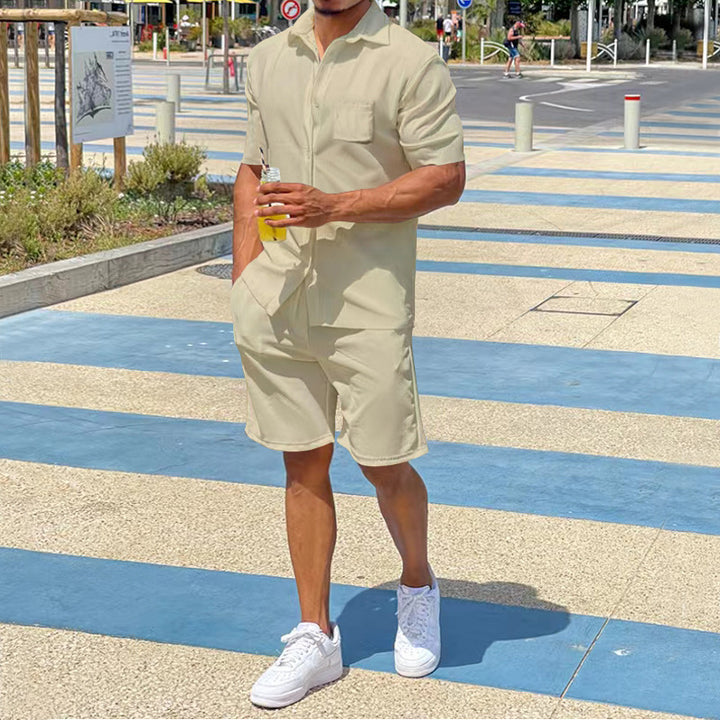 Herren nan legeres Resort-Zweiteiler mit offenem Kurzarm-Hemd, Brusttasche und elastischer Bermuda Drune