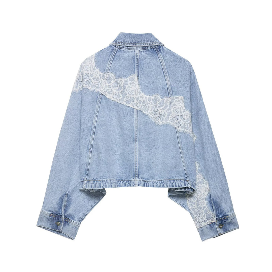 Damen Kurz geschnittene Oversize-Jeansjacke mit Spitzendetail und Fledermausärmeln Drune