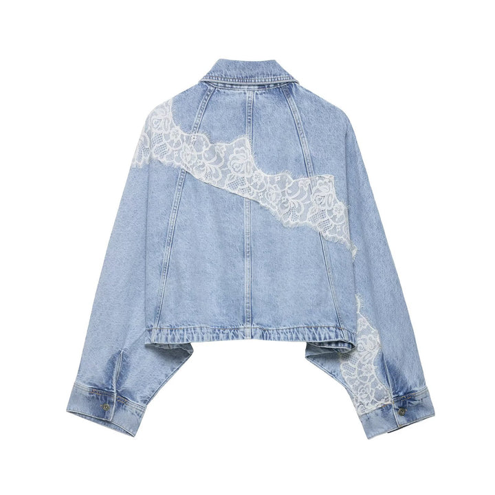 Damen Kurz geschnittene Oversize-Jeansjacke mit Spitzendetail und Fledermausärmeln Drune