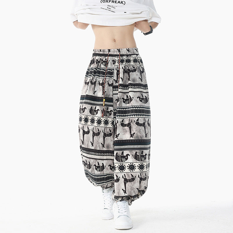 Damen Weite Boho-Haremshose aus Baumwollmix mit elastischem Bund und Ethno-Print Drune