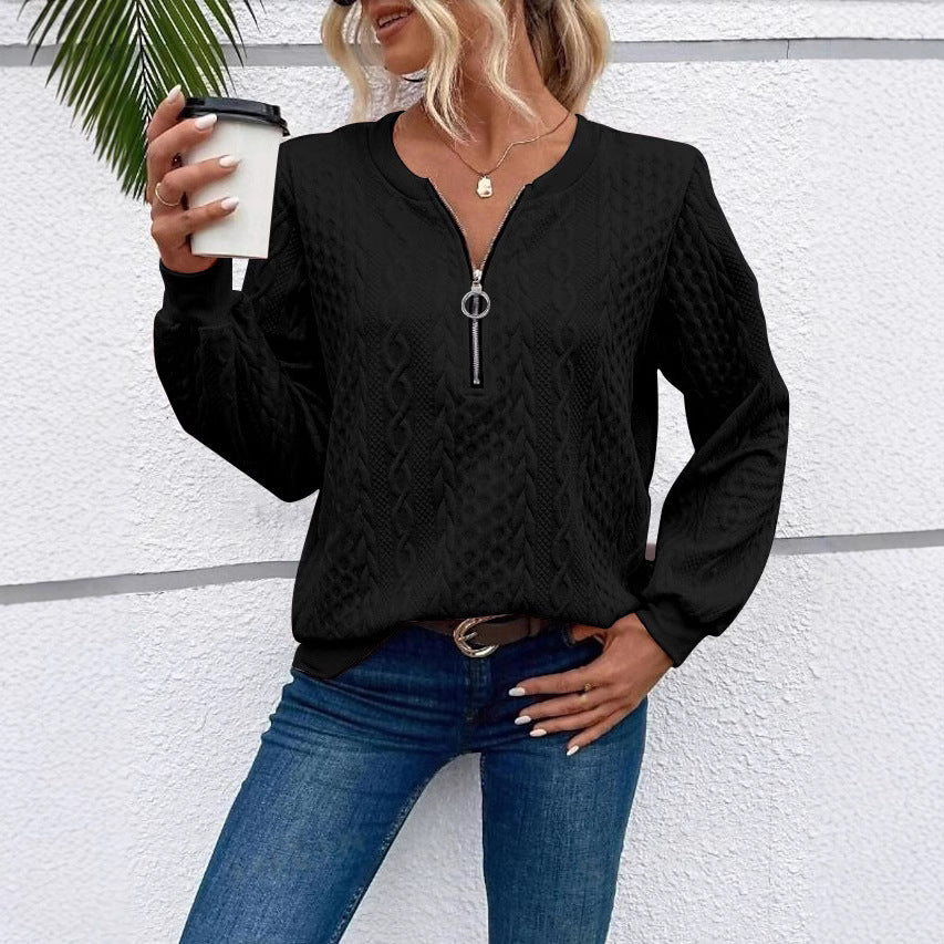 Damen grob strukturiertes Strickpullover mit Kabelmuster, halber Reißverschluss und Ballonärmel Drune
