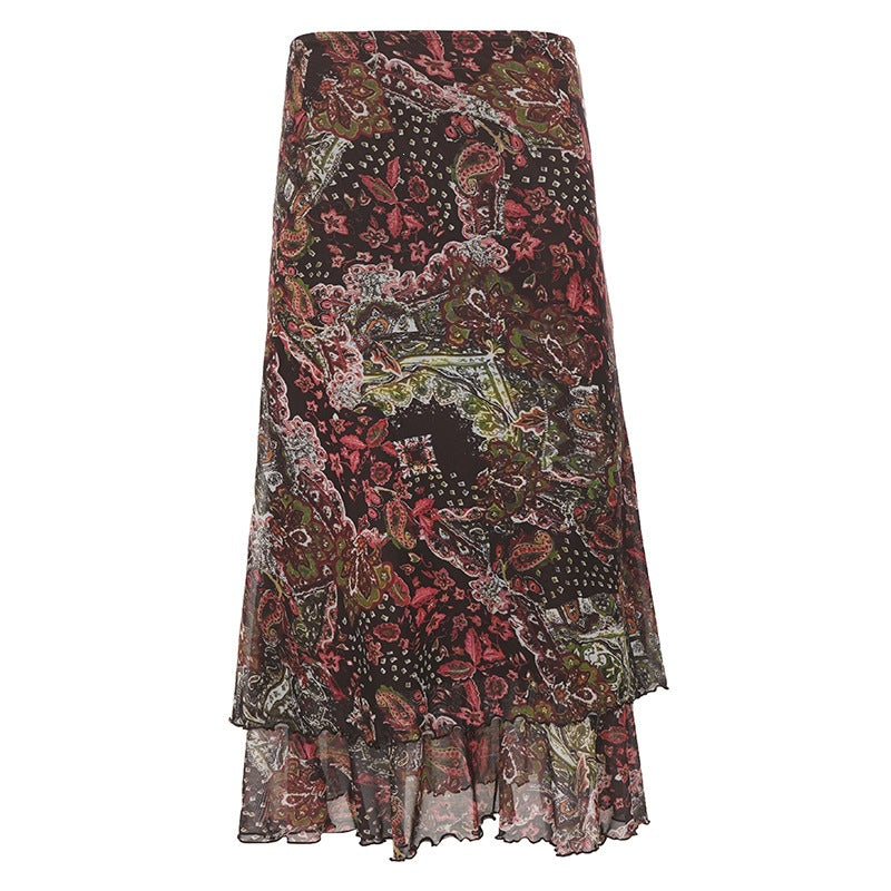 Damen Chiffon-Midirock mit mehrlagigem Volant, Paisley-Print und Zipfelsaum Drune