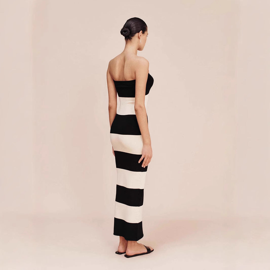 Damen schickes Bandeau-Maxikleid mit grafischem Streifenmuster und figurbetontem Schnitt Drune