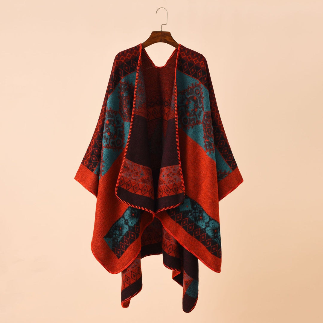 Damen Jacquard-Poncho-Cape mit Ethno-Muster und Wollmix Drune