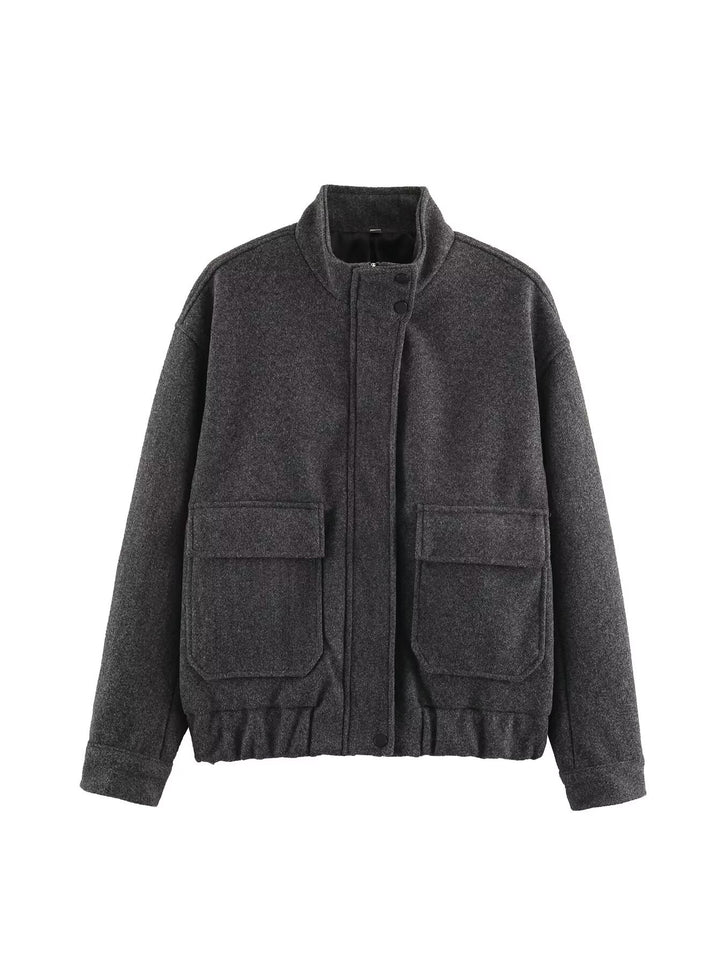 Damen Boxy Wollmix‑Blousonjacke mit Stehkragen, großen Pattentaschen und elastischem Saum Drune