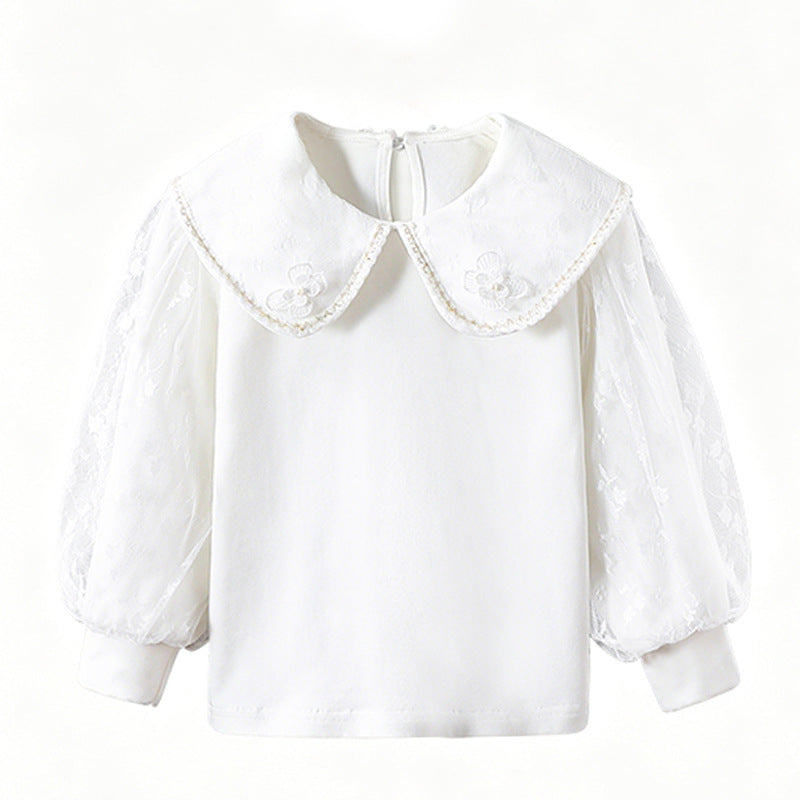 Mädchen Bluse mit elegantem Tüllkragen und floralen Applikationen Drune