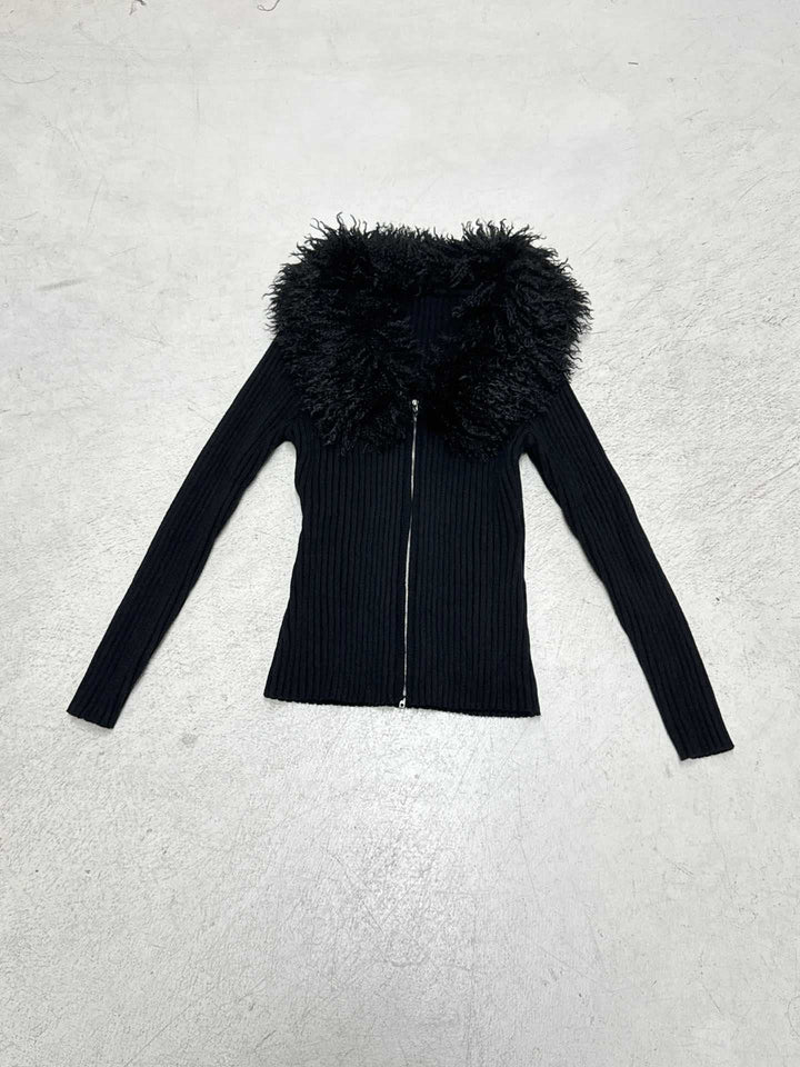 Damen Taillierter Rippstrick-Cardigan mit Reißverschluss und voluminösem Kunstfellkragen Drune