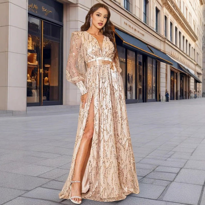Damen Glamouröses Abendkleid mit schimmernden Pailletten und tiefem Schlitz Drune