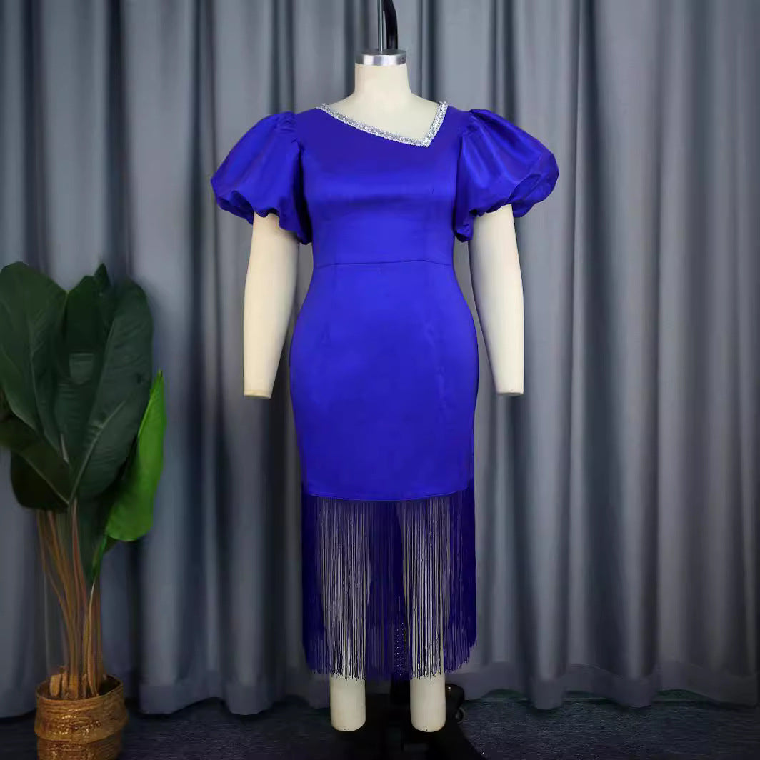 Damen figurbetontes Kleid mit voluminösen Puffärmeln und Fransen Drune
