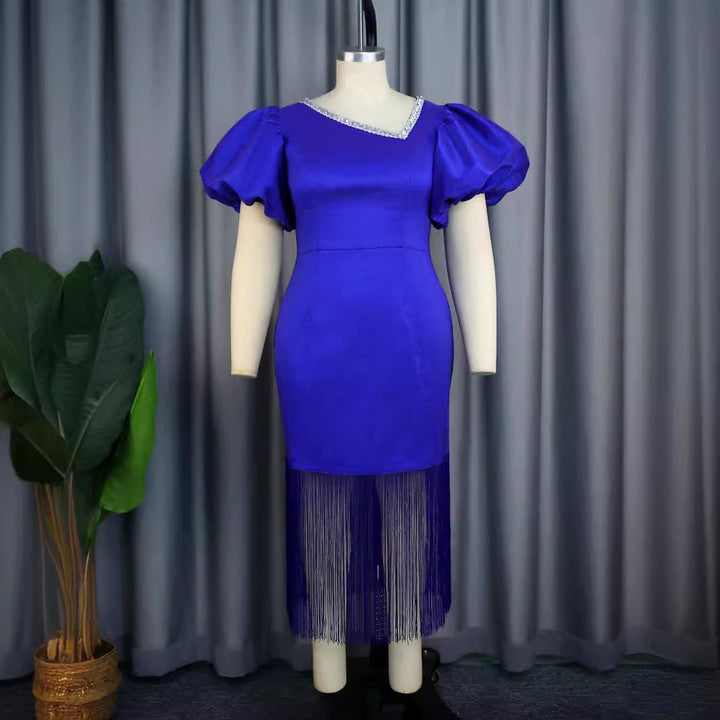 Damen figurbetontes Kleid mit voluminösen Puffärmeln und Fransen Drune