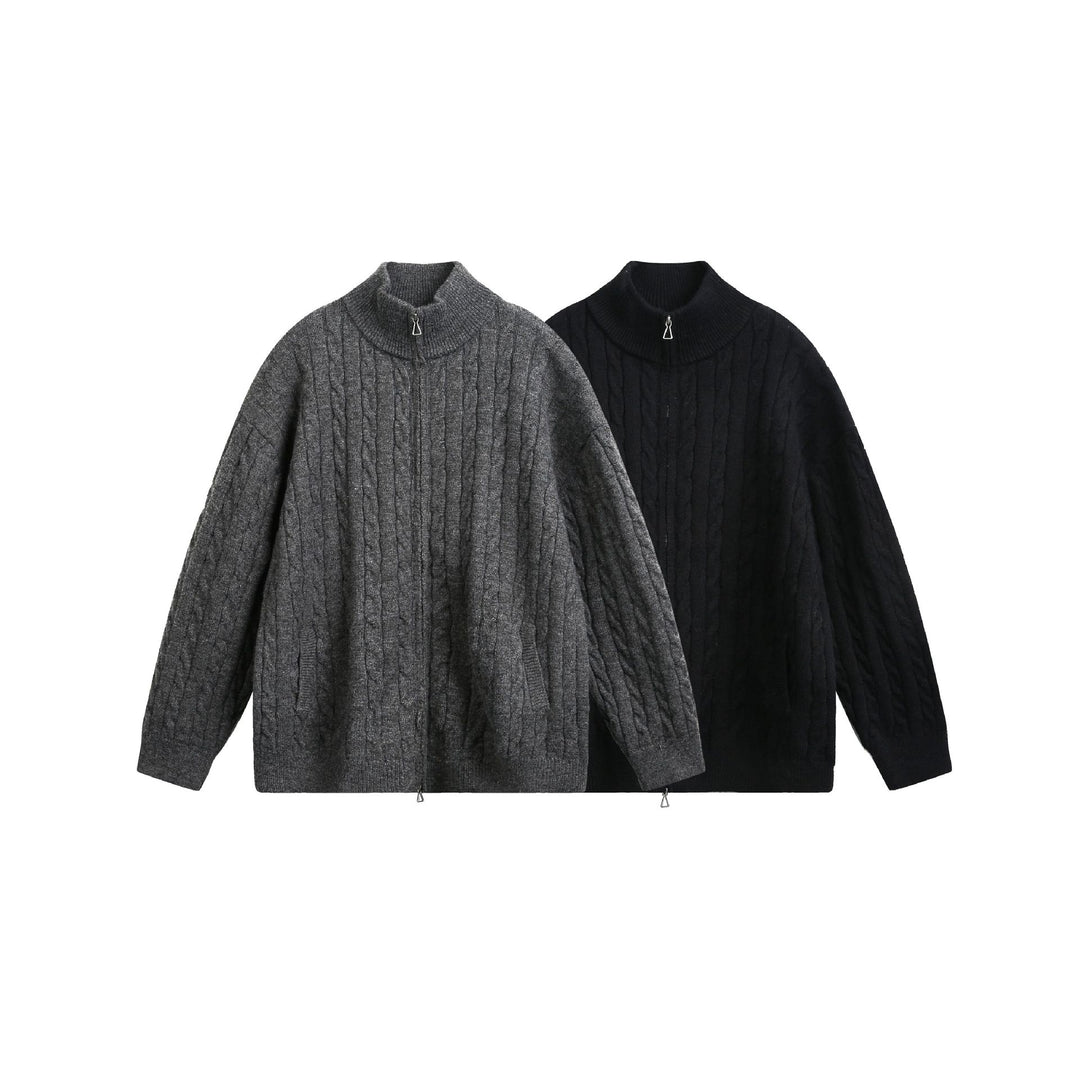 Unisex Grobstrick-Pullover mit Zopfmuster, hohem Stehkragen und Zwei-Wege-Reißverschluss Drune