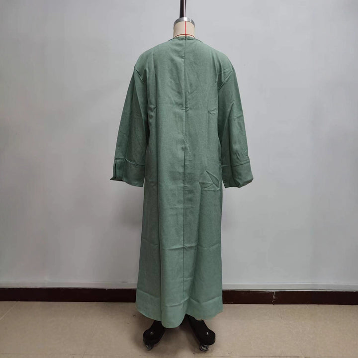 Damen Maxikleid aus Leinen-Mix mit Taillengürtel und weiten Manschellen Drune