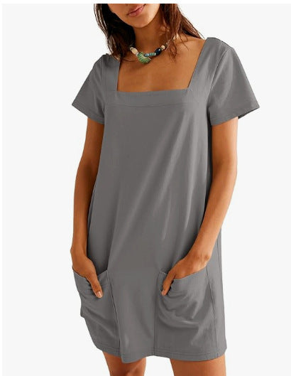 Damen Lockeres Sommerkleid mit Quadrat-Ausschnitt und praktischen Taschen Drune