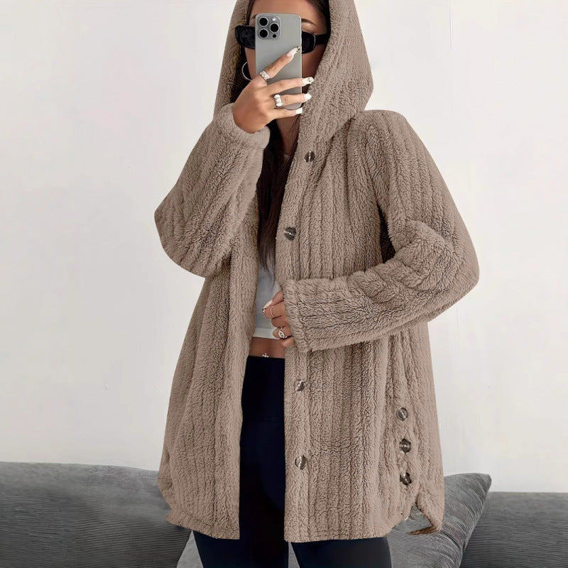 Damen Kapuzen-Teddy-Mantel mit Knopfleiste und Oversize-Schnitt Drune