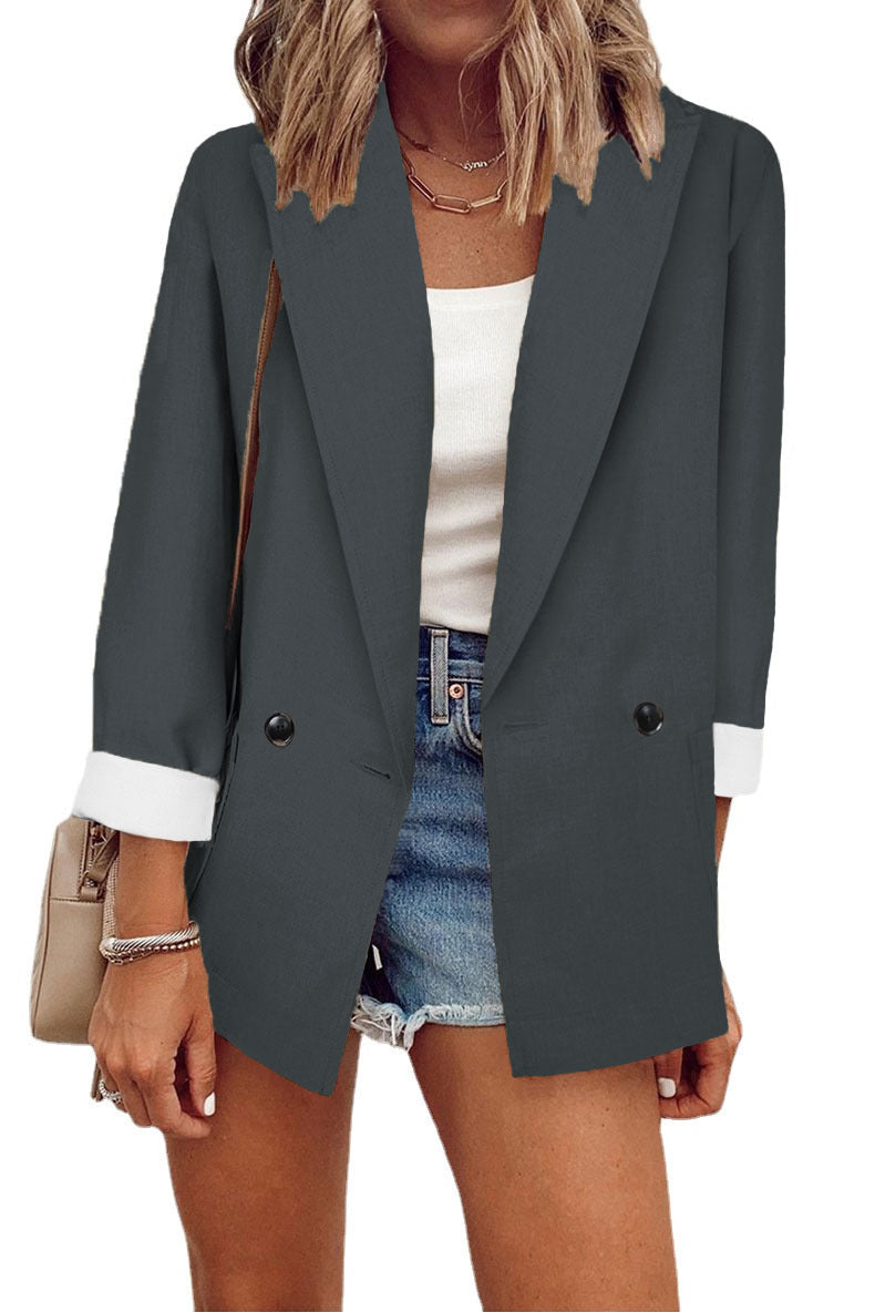 Damen Oversize Longline-Blazer mit 3/4-Ärmeln, Kontrastumschlag und aufgesetzten Taschen Drune