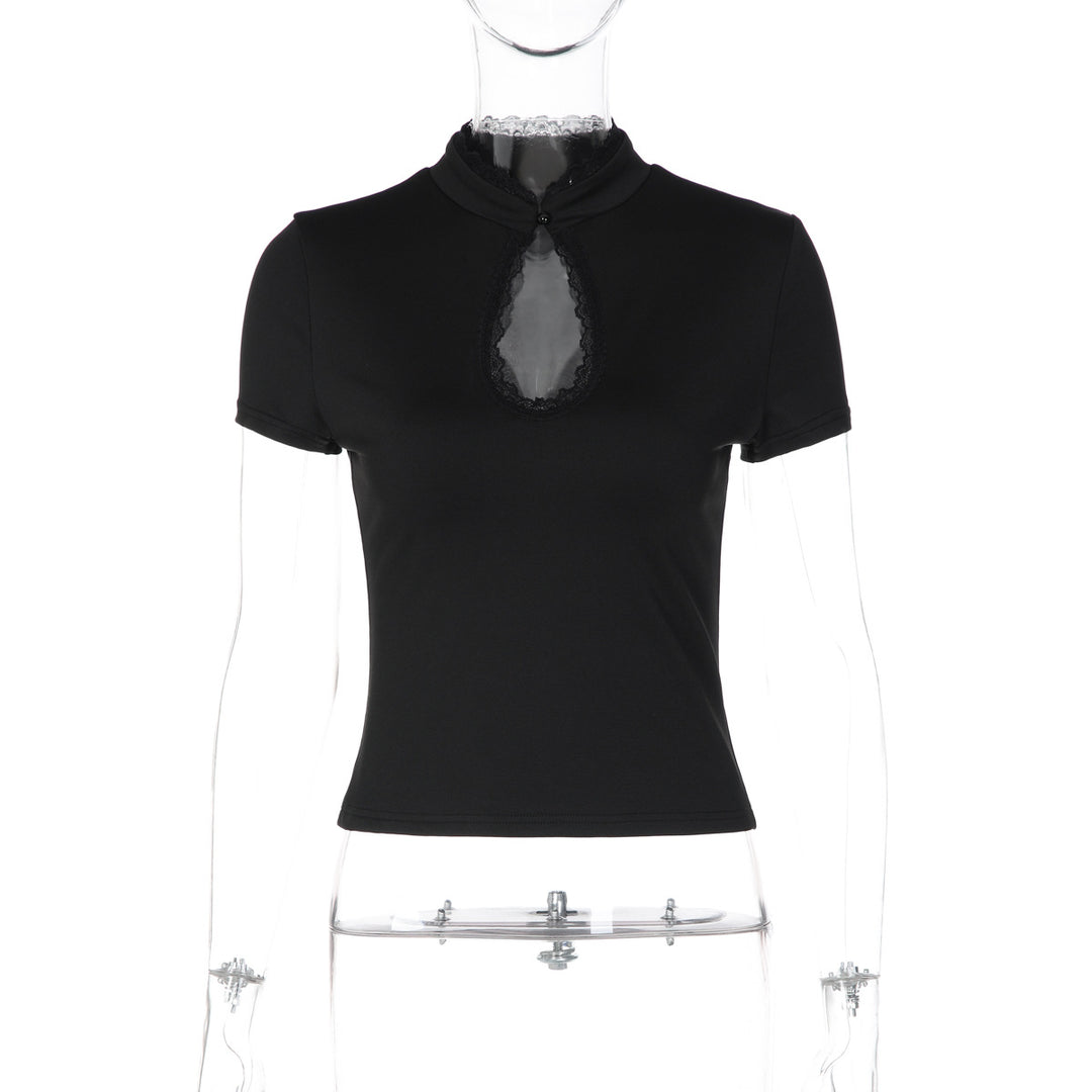 Damen Elegantes Kurzarm-Top mit Spitzeneinsatz Drune