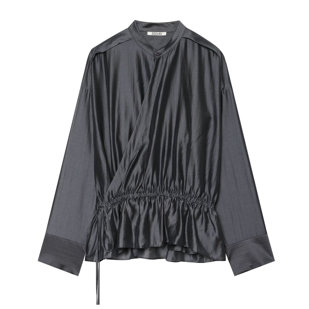 Damen Wickelbluse mit Tunnelzug‑Taillierung und Stehkragen Drune