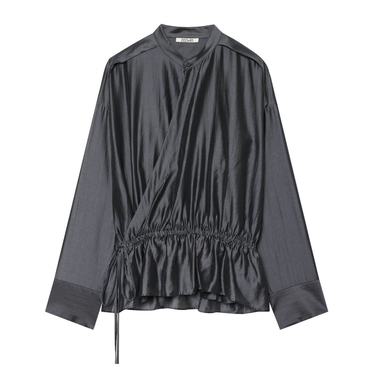 Damen Wickelbluse mit Tunnelzug‑Taillierung und Stehkragen Drune