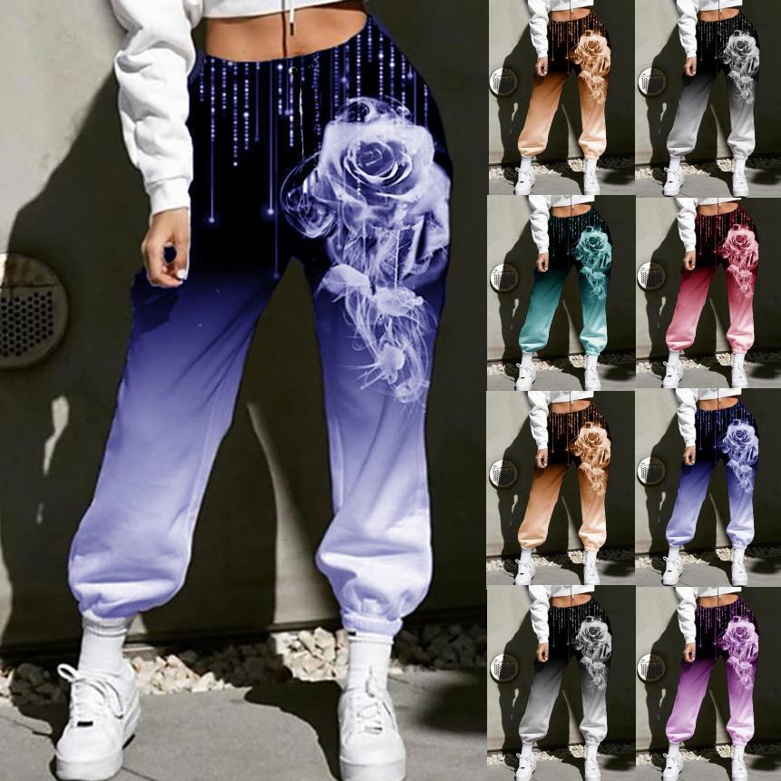 Damen Hohe Taille Jogginghosen mit Ombre-Gradient, Smoke Rose Druck und Elastischen Bündchen Drune