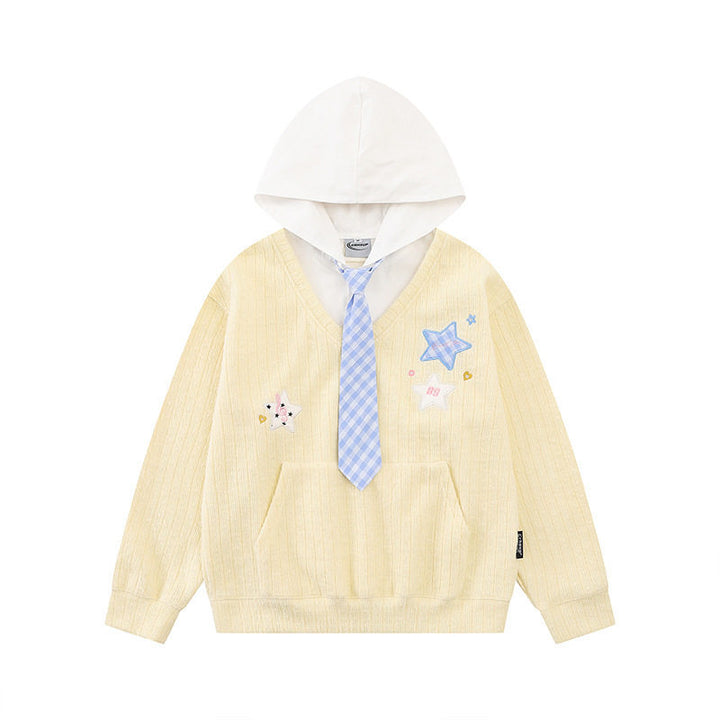 Damen Kapuzenpullover mit V‑Ausschnitt, angenähter Krawatten‑Applikation und Sternpatches Drune