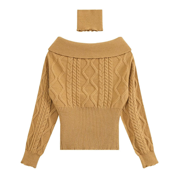 Damen Schulterfreier Zopfmuster-Pullover mit weitem Umschlagkragen Drune