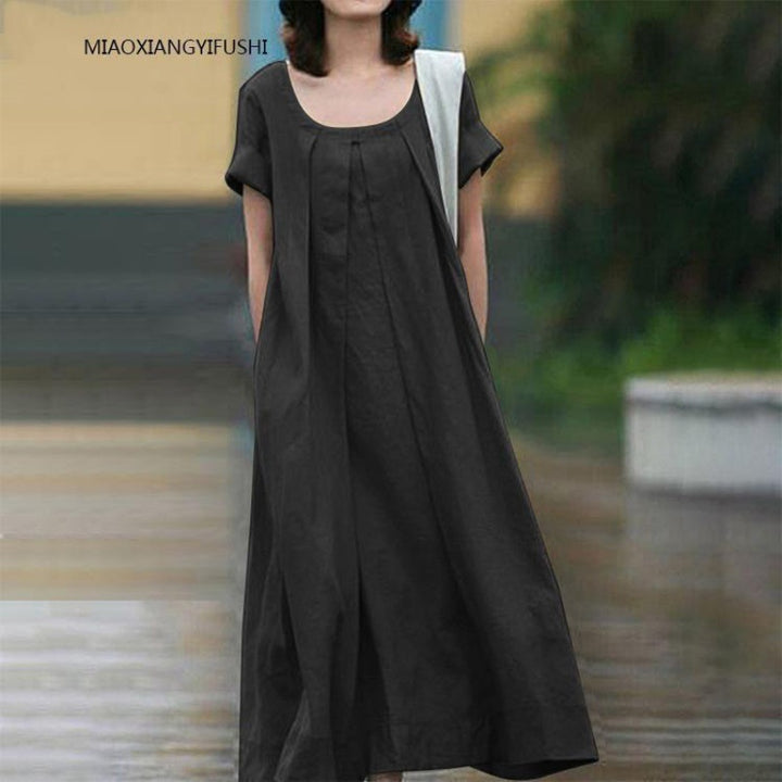 Damen Maxi-Kleid mit weitem Schnitt und elegantem Rundhalsausschnitt Drune