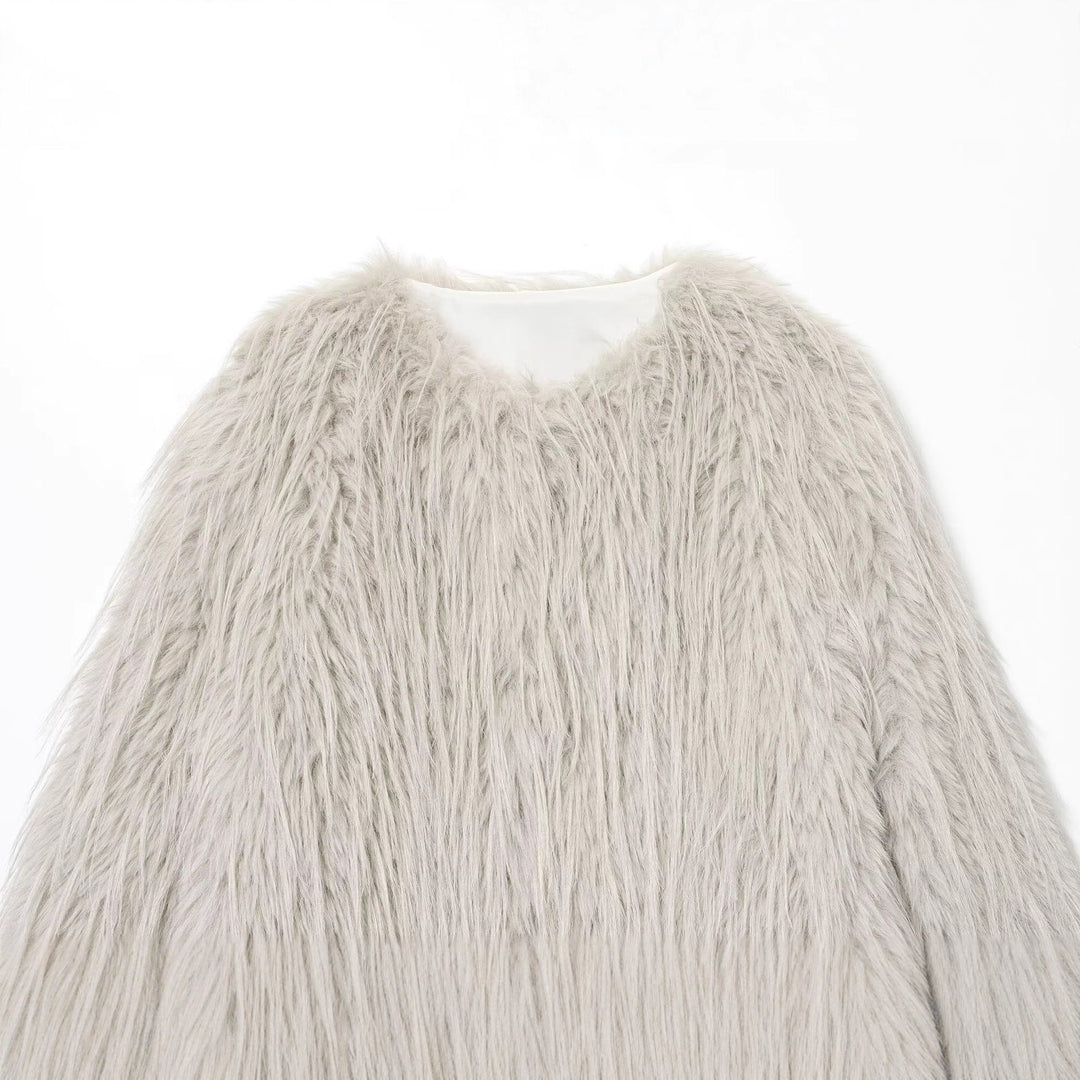 Damen Faux-Fur-Pelzjacke mit langem Shaggy-Fell und Rundhalsausschnitt Drune