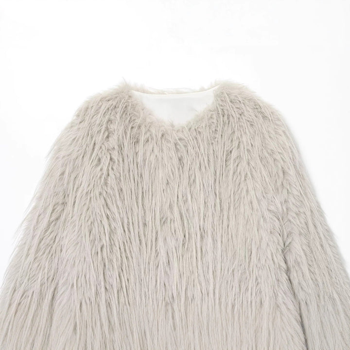 Damen Faux-Fur-Pelzjacke mit langem Shaggy-Fell und Rundhalsausschnitt Drune