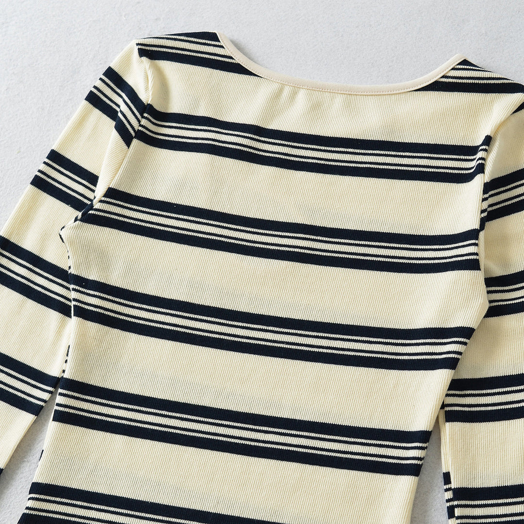 Damen Gestreiftes Feinstrick-Top mit asymmetrischem Herzknopf Drune