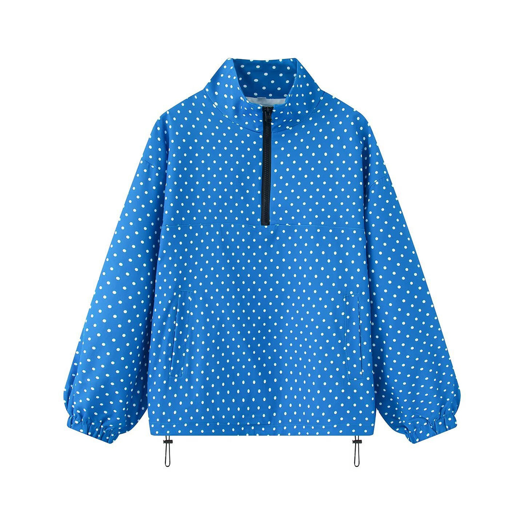 Damen Gepunkteter leichter Anorak mit Halbzip, Kängurutasche und Kordelzug Drune