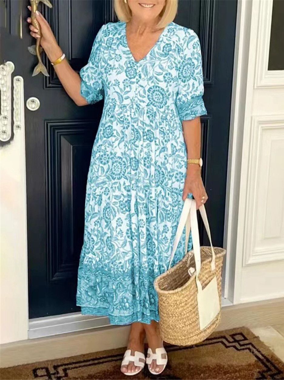 Damen Maxi-Kleid mit floralen Mustern und Volant Drune