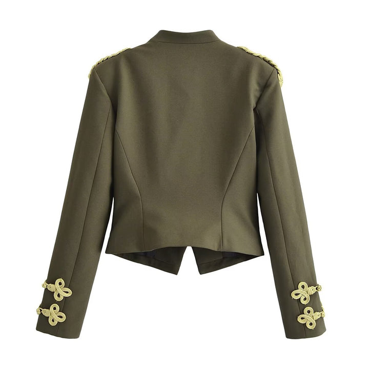 Damen taillierte militärische Kurzjacke mit Stehkragen, Epauletten und verzierten Zierknoten Drune