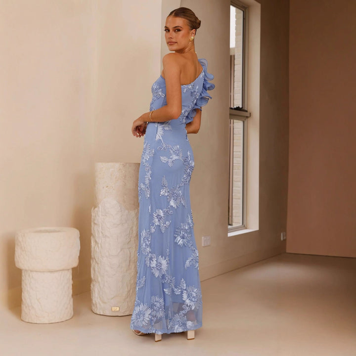 Damen Elegantes und figurbetontes Maxikleid mit asymmetrischem Träger und floralen Applikationen Drune