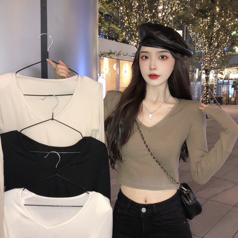 Damen Cropped Langarmshirt mit modischem V-Ausschnitt und bequemen Materialien Drune