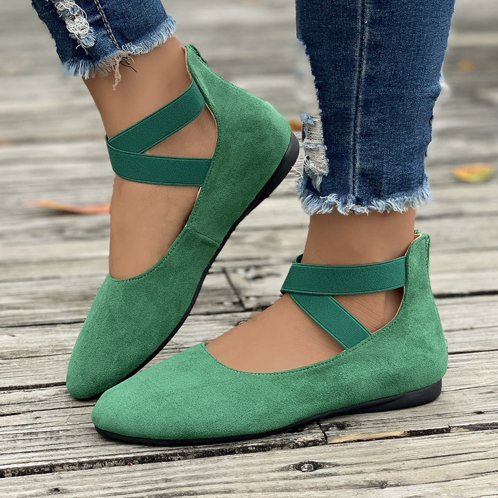 Damen Flache Ballerina-Slipper aus Wildlederimitat mit elastischen Kreuzriemen Drune