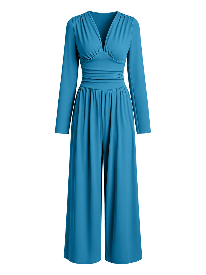 Damen Eleganter V‑Ausschnitt Jumpsuit mit tailliertem Wickelbund und weitem Hosenbein Drune