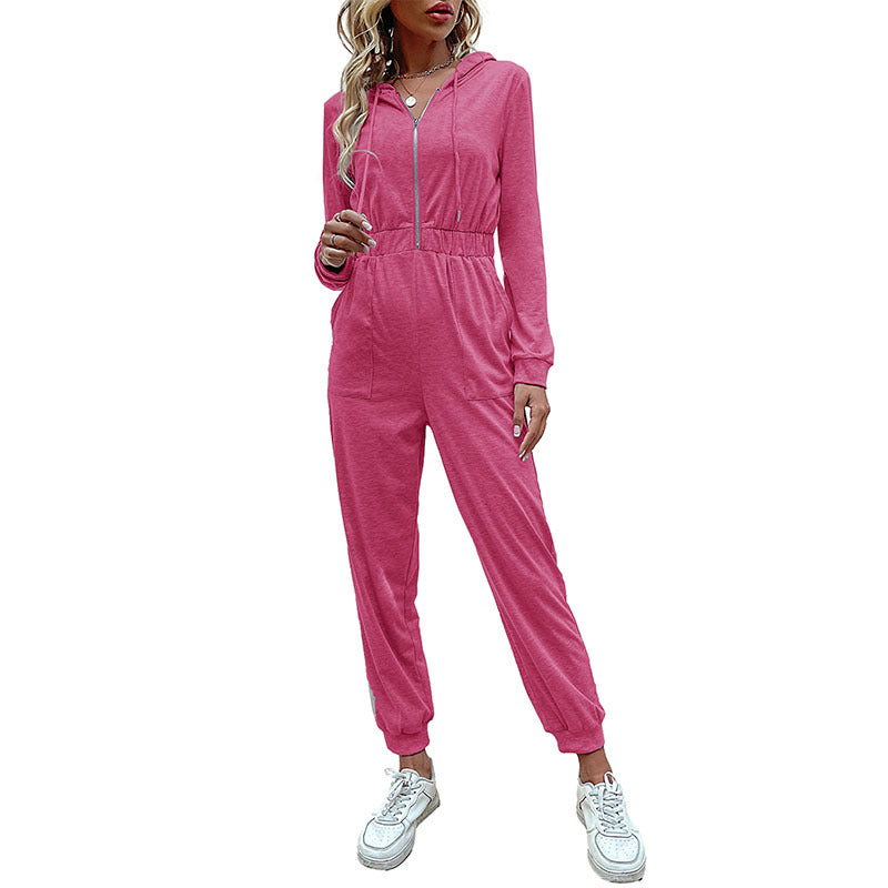 Damen Lässiger Jumpsuit-Overall mit Reißverschluss, elastischer Taille und Bündchen Drune