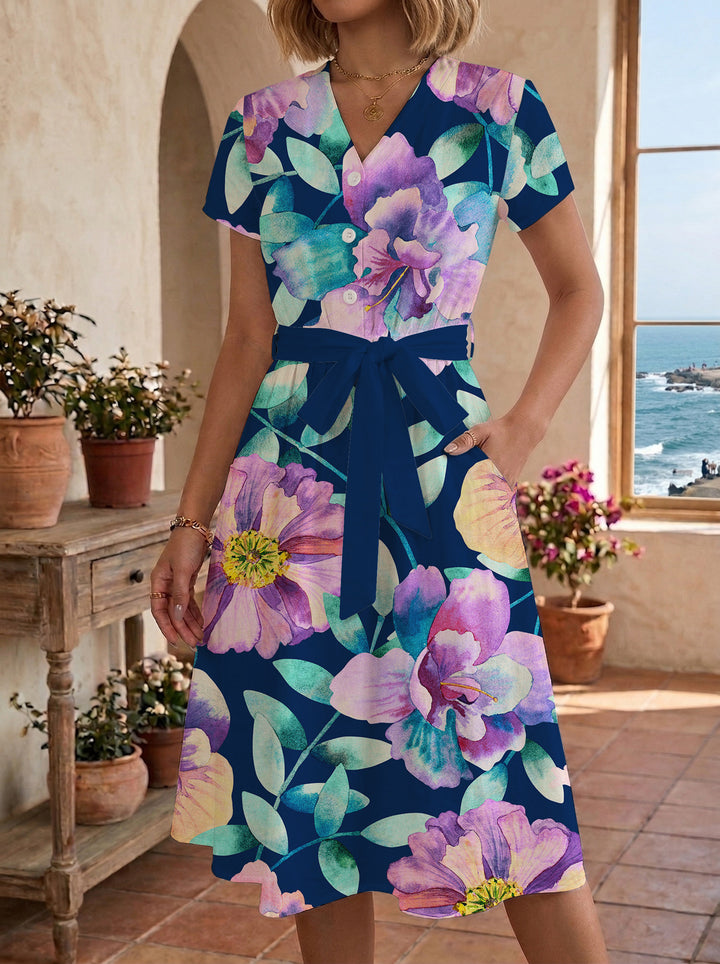 Damen Midikleid mit floralem Muster und Taillengürtel Drune