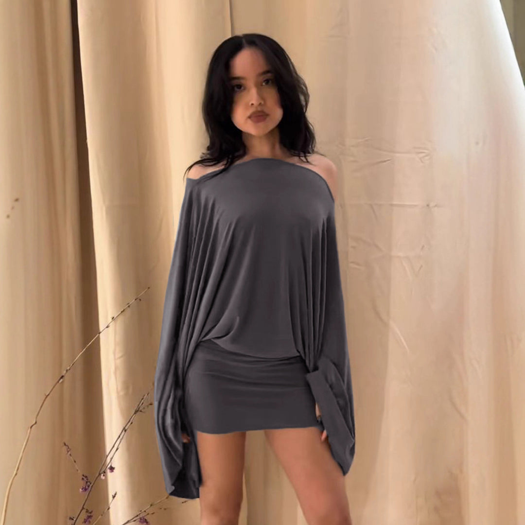 Damen nan schulterfreies Drapiertes Blouson-Top mit weitem Fledermausärmel und tailliertem Bündchen Drune