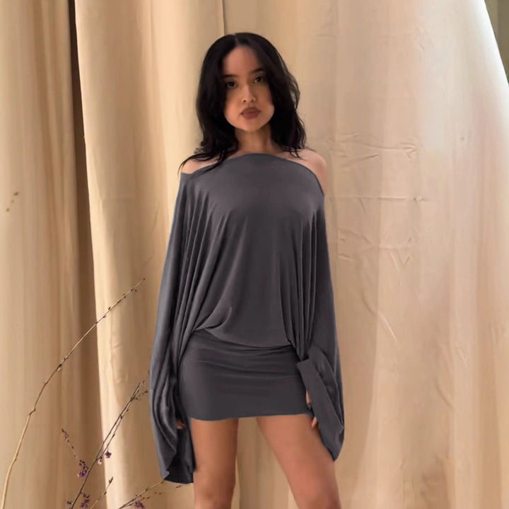 Damen nan schulterfreies Drapiertes Blouson-Top mit weitem Fledermausärmel und tailliertem Bündchen Drune