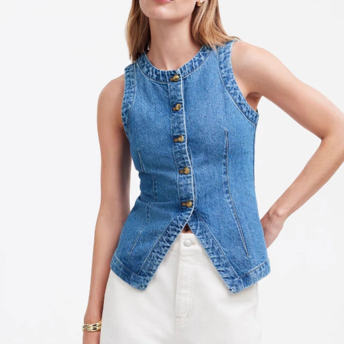Damen Jeans-Weste mit asymmetrischem Schnitt und dekorativen Knöpfen Drune