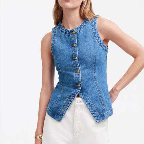 Damen Jeans-Weste mit asymmetrischem Schnitt und dekorativen Knöpfen Drune