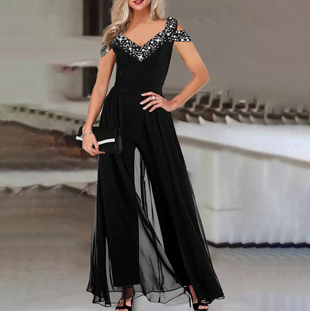 Damen eleganter Empire-Waist-Jumpsuit mit transparenter Überlagerung Drune