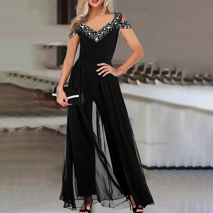 Damen eleganter Empire-Waist-Jumpsuit mit transparenter Überlagerung Drune
