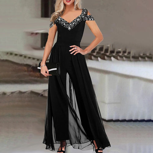 Damen eleganter Empire-Waist-Jumpsuit mit transparenter Überlagerung Drune