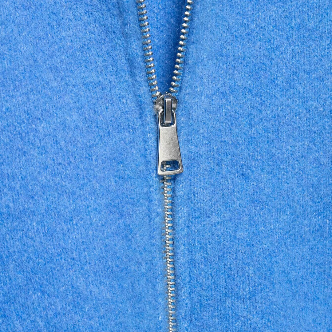Damen Kurze Strickjacke mit Reißverschluss, weitem Polokragen und geripptem Saum Drune